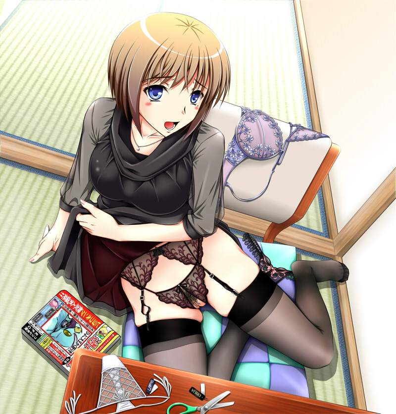 1girl blue_eyes brown_hair crotchless crotchless_panties garter_belt hiyoko_daiou magazine open_mouth panties pubic_hair pussy sitting skirt skirt_lift solo thighhighs uncensored underwear upskirt