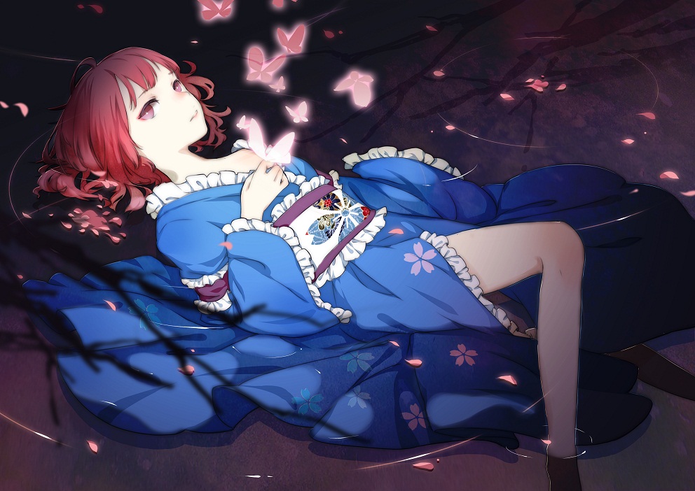 aloin.g bug butterfly insect japanese_clothes looking_at_viewer lying obi on_back partially_submerged petals pink_hair red_eyes red_hair saigyouji_yuyuko sash short_hair solo touhou water