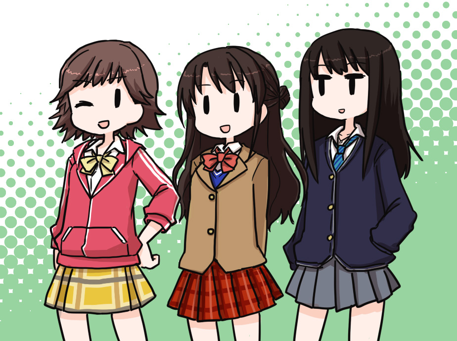 :d blazer brown_hair cardigan dai-oki hand_in_pocket honda_mio hood hooded_track_jacket hoodie idolmaster idolmaster_cinderella_girls jacket long_hair multiple_girls necktie new_generations one_eye_closed open_mouth plaid plaid_skirt school_uniform shibuya_rin shimamura_uzuki short_hair skirt smile track_jacket |_|