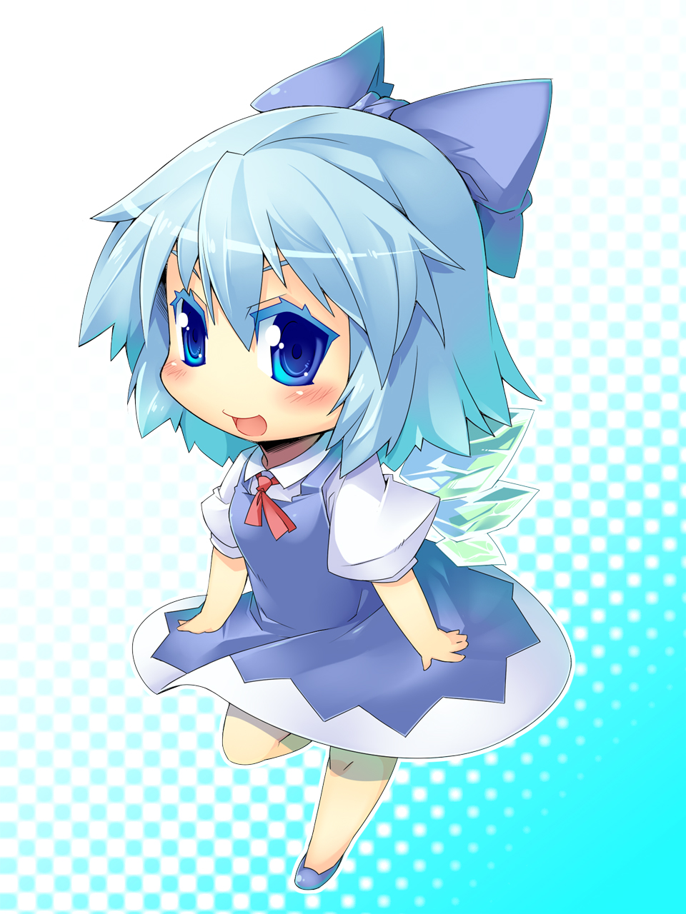 :d blue_eyes blue_hair blush chibi cirno dress highres ice ice_wings kokka_han open_mouth outline short_hair smile solo touhou wings