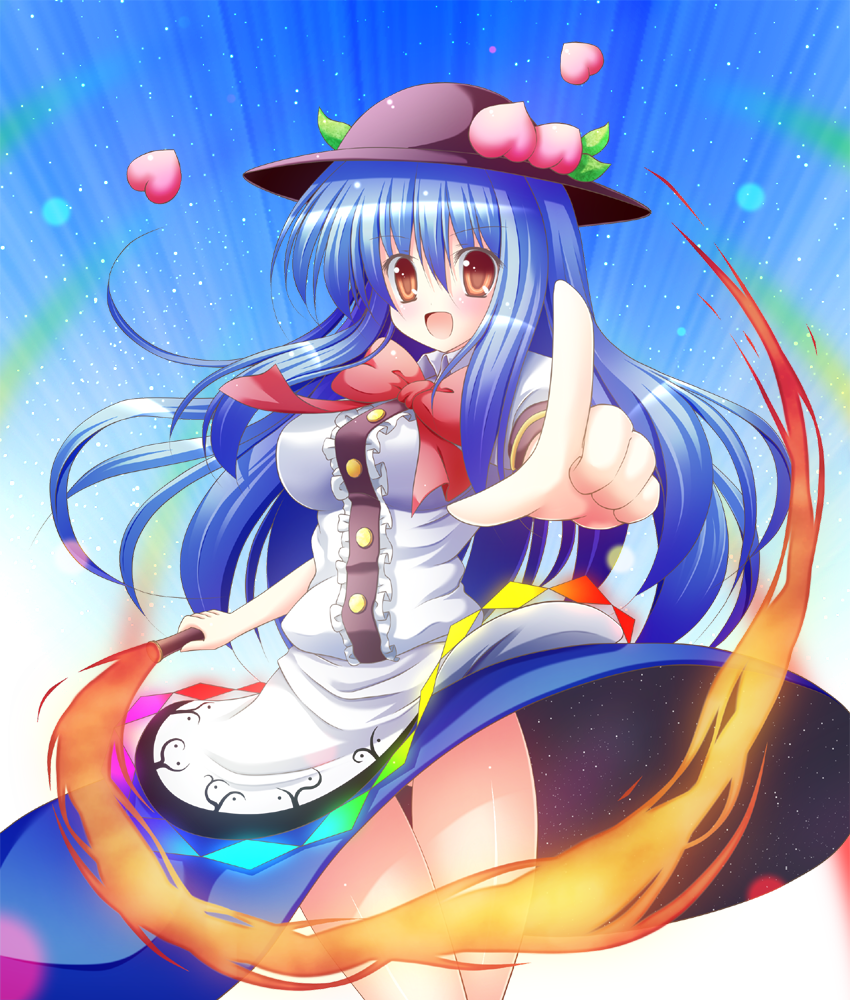 alternate_breast_size blue_hair bow breasts food fruit hat hinanawi_tenshi large_breasts long_hair open_mouth osashin_(osada) outstretched_arm peach pointing pointing_at_viewer red_eyes shirt skirt smile solo sword_of_hisou touhou upskirt very_long_hair