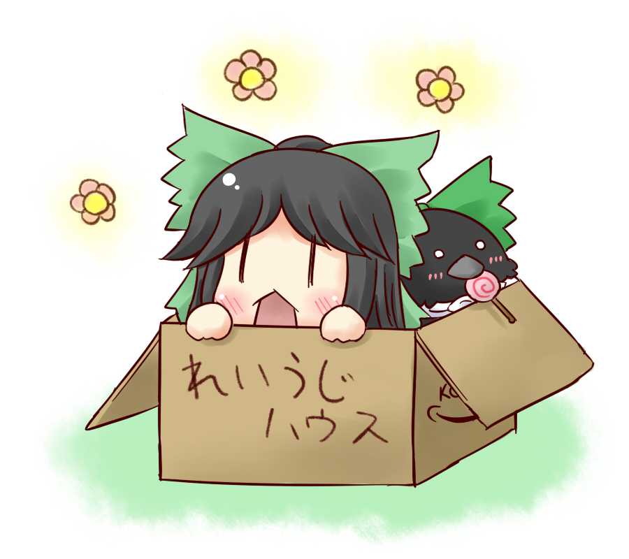 aonagi_ibane black_hair blush bow box candy cardboard_box chibi flower food hair_bow in_box in_container lollipop mouth_hold open_mouth reiuji_utsuho reiuji_utsuho_(bird) touhou |_|