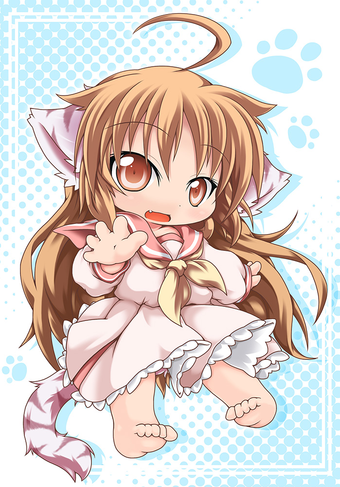 animal_ears bad_id bad_pixiv_id barefoot brown_eyes brown_hair cat_ears cat_tail copyright_request fang kuroneko_liger solo tail