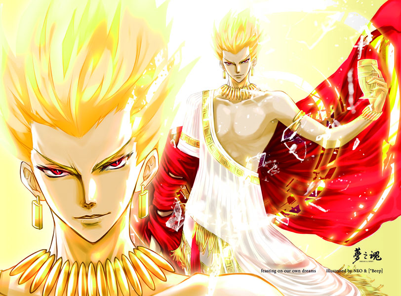 armlet blonde_hair bracelet command_spell earrings fate/zero fate_(series) gilgamesh goblet jewelry male_focus necklace neotheone red_eyes solo toga zoom_layer