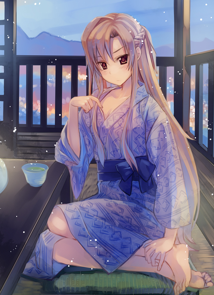 asuna_(sao) bad_id bad_pixiv_id barefoot braid brown_eyes brown_hair cup frown japanese_clothes kimono long_hair long_legs naruse_chisato solo sword_art_online table