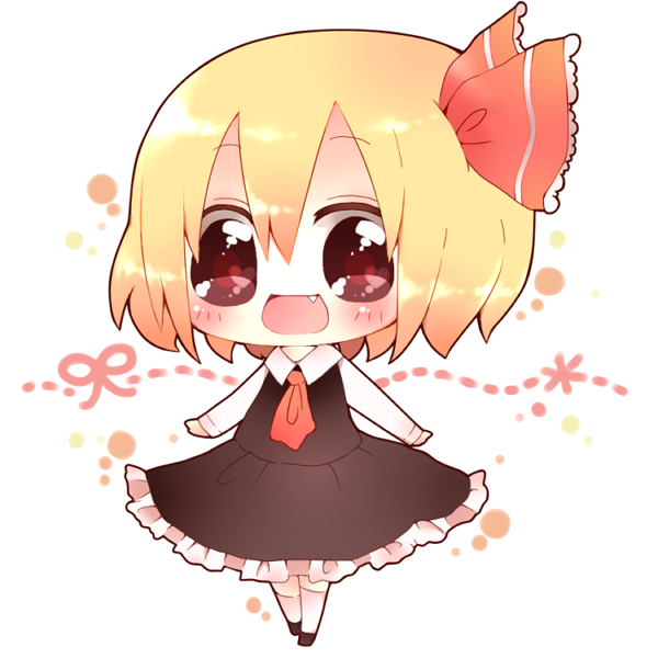 ascot bad_id bad_pixiv_id blonde_hair blush fang hair_ribbon long_sleeves noramimi open_mouth red_eyes ribbon rumia short_hair simple_background skirt smile solo touhou