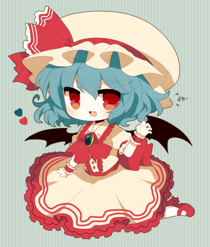 ascot bad_id bad_pixiv_id bat_wings blue_hair brooch fang haru_(kyou) hat hat_ribbon heart jewelry open_mouth puffy_sleeves red_eyes remilia_scarlet ribbon shirt short_hair short_sleeves sitting skirt skirt_set smile solo touhou wariza wings wrist_cuffs
