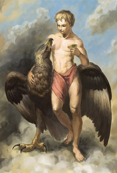 barefoot bird blue_sky cloud eagle ganymede_(mythology) greek_mythology loincloth male_focus nablange outdoors shirtless sky standing zeus