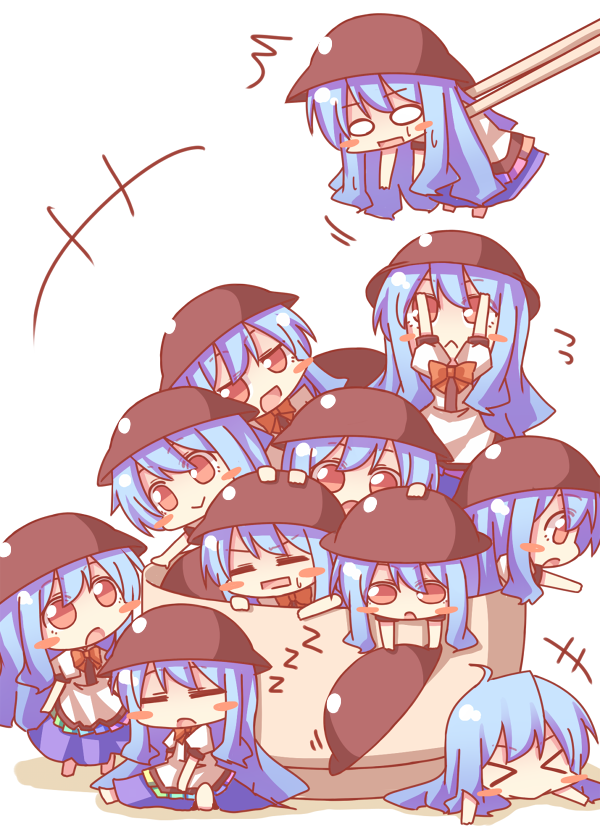 &gt;_&lt; 6+girls :&lt; =_= ahoge arms_up blue_hair blush_stickers bow chibi chopsticks closed_eyes grabbing hat hat_removed headwear_removed hinanawi_tenshi in_bowl in_container jitome kousa_(black_tea) long_hair minigirl multiple_girls o_o open_mouth outstretched_arms puffy_sleeves red_eyes shirt short_sleeves sitting skirt sleeping smile touhou very_long_hair zzz