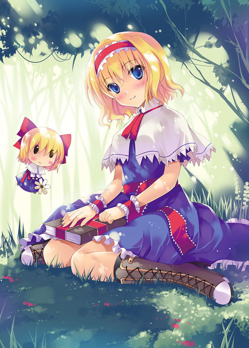 alice_margatroid blonde_hair blue_eyes blush book boots capelet doll dress flower grass hairband highres lace sash shanghai_doll sitting smile solo sousouman touhou wariza wrist_cuffs