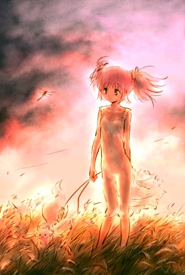 :3 bug cattail collarbone dragonfly dress field holding insect kaname_madoka kyubey mahou_shoujo_madoka_magica pink_hair plant red_eyes see-through slim_legs standing sundress thigh_gap twintails wind yoshinogai