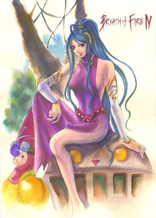 artist_request bare_shoulders blue_eyes blue_hair breasts breath_of_fire breath_of_fire_iv copyright_name deis elbow_gloves ershin full_body gloves goggles jewelry knee_up legs lipstick long_hair long_legs looking_at_viewer makeup medium_breasts necklace no_bra ponytail side_slit sideboob sitting smile thighs