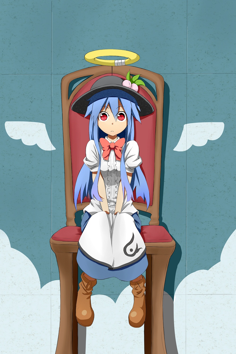 blue_hair boots bow chair dress fake_halo food fruit full_body halo hat highres hinanawi_tenshi long_hair peach red_eyes route1911 sitting solo touhou wings