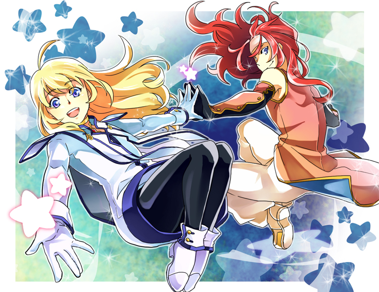 1girl black_legwear blonde_hair blue_eyes coat collet_brunel full_body gloves headband holding_hands itou_(hgrk310) long_hair pants pantyhose red_hair shoes smile star starry_background tales_of_(series) tales_of_symphonia zelos_wilder