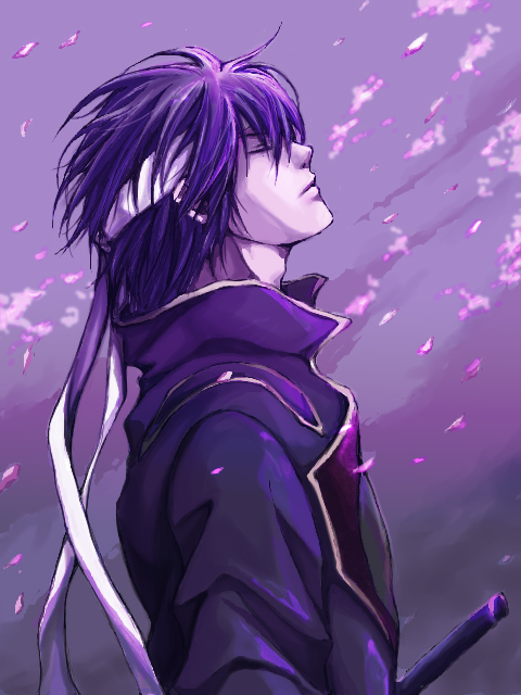akagi_soushi closed_eyes gintama headband joui male_focus petals purple purple_hair solo takasugi_shinsuke