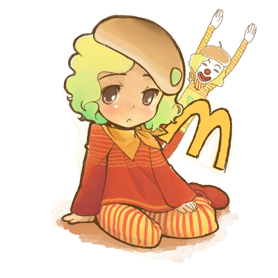 1girl :&lt; blush brown_eyes child green_hair looking_at_viewer lowres mcdonald's original ran_ran_ru ronald_mcdonald simple_background sitting white_background yokozuwari yone_(qtron)