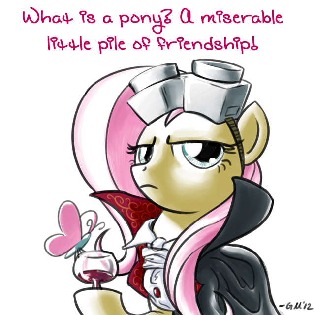 arthropod blue_eyes butterfly castlevania cloak clothing crossover doctor_horrible's_sing_along doctor_horrible's_sing_along dr_adorable_(mlp) dracula english_text equine eyelashes eyewear female feral fluttershy_(mlp) friendship_is_magic giantmosquito goggles hair horse insect looking_at_viewer mad_scientist mammal my_little_pony parody pegasus pink_hair plain_background pony solo text white_background wine_glass wings yellow_body