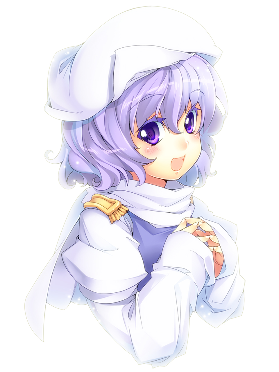 :d blush fingers_together hat highres kokka_han letty_whiterock looking_at_viewer open_mouth purple_background purple_hair short_hair smile solo touhou white_background