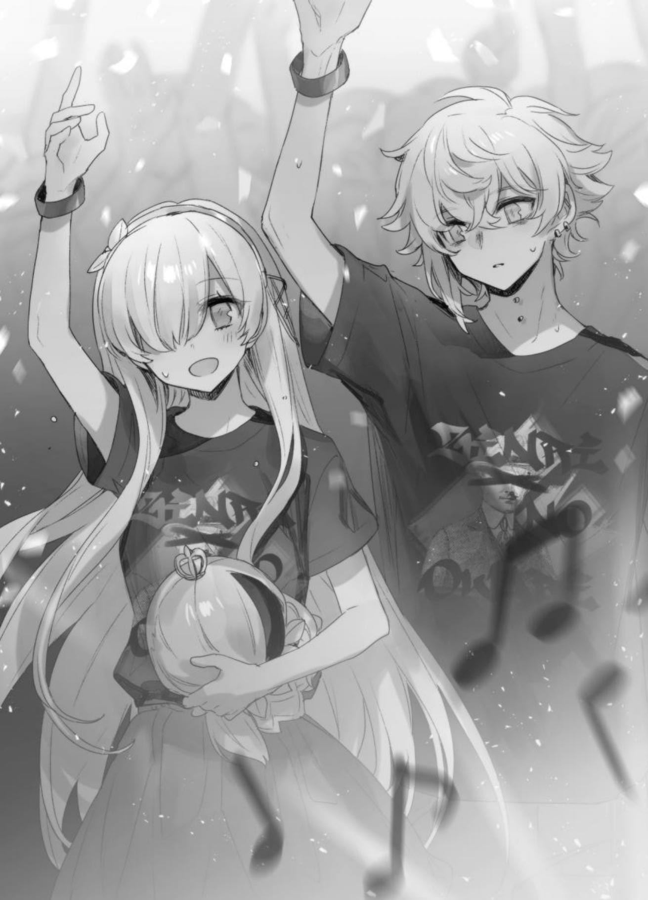 1boy 1girl :d alternate_costume anastasia_(fate/grand_order) arm_up blush bracelet concert confetti crowd crown doll fate/grand_order fate_(series) highres holding holding_doll jewelry kadoc_zemlupus long_hair looking_at_another looking_at_viewer mini_crown monochrome musical_note open_mouth shirt skirt smile sweat sweatdrop t-shirt very_long_hair yamoge