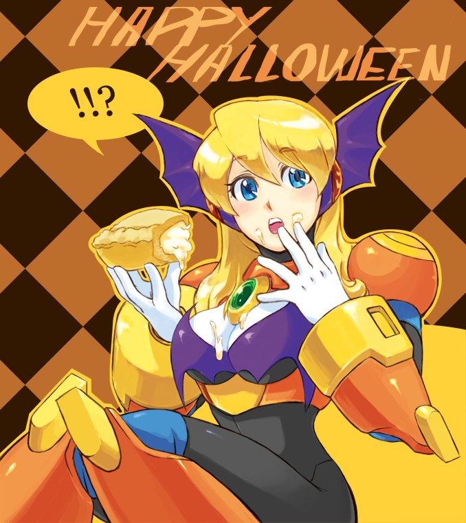 1girl alia_(rockman) android armor bat_wings blonde_hair blue_eyes boots breasts ckotnha cleavage food gem halloween happy_halloween knee_boots long_hair medium_breasts messy open_mouth pie robot rockman rockman_x sexually_suggestive solo wings