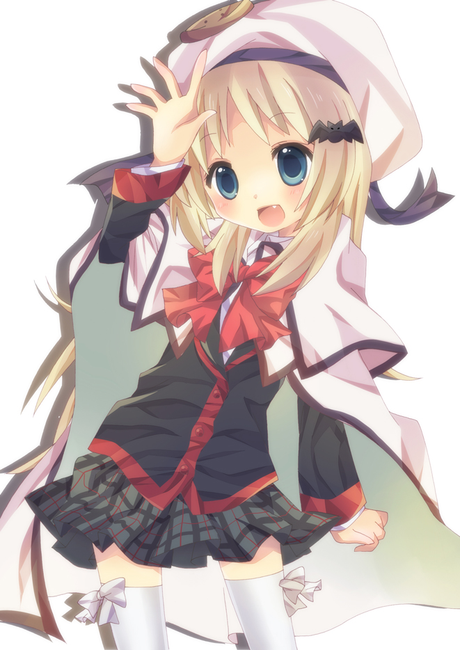 bad_id bad_pixiv_id blonde_hair blue_eyes bow cape choko_(kumakiti0823) fang hat little_busters! long_hair noumi_kudryavka pink_bow plaid plaid_skirt school_uniform skirt solo waving