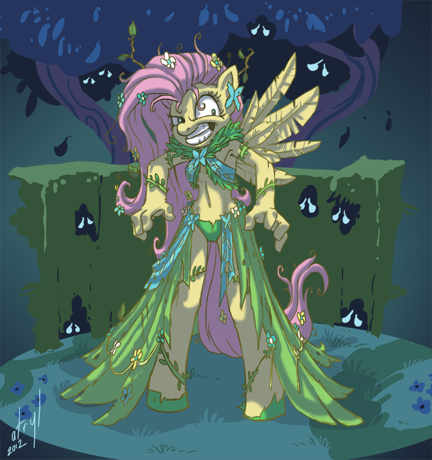 anthro anthrofied atryl clenched_teeth equine evening_gown eyelashes female flower fluttershy_(mlp) friendship_is_magic garden grand_galloping_gala green_clothing hair horse insane jewelry long_hair mammal my_little_pony pegasus pink_hair pony spread_wings teeth tree wings wood yellow_body yellow_feathers