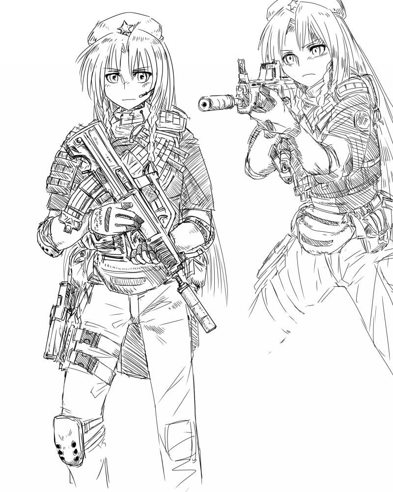 aiming assault_rifle braid bullpup didloaded elbow_pads gloves greyscale gun handgun hat holster hong_meiling knee_pads long_hair military_operator monochrome qbz-95 rifle solo suppressor thigh_holster touhou twin_braids vest weapon
