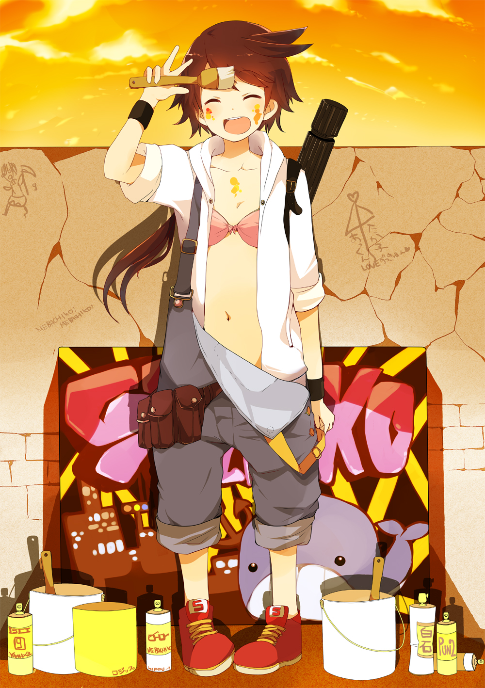 :d bad_id bad_pixiv_id bra brown_hair closed_eyes cloud highres lingerie long_hair navel open_clothes open_mouth open_shirt original overalls paint paint_can paintbrush pouch pun2 shiroko_blanc shirt shoes sky sleeves_rolled_up smile sneakers solo spray_can standing trim_brush underwear wall wristband