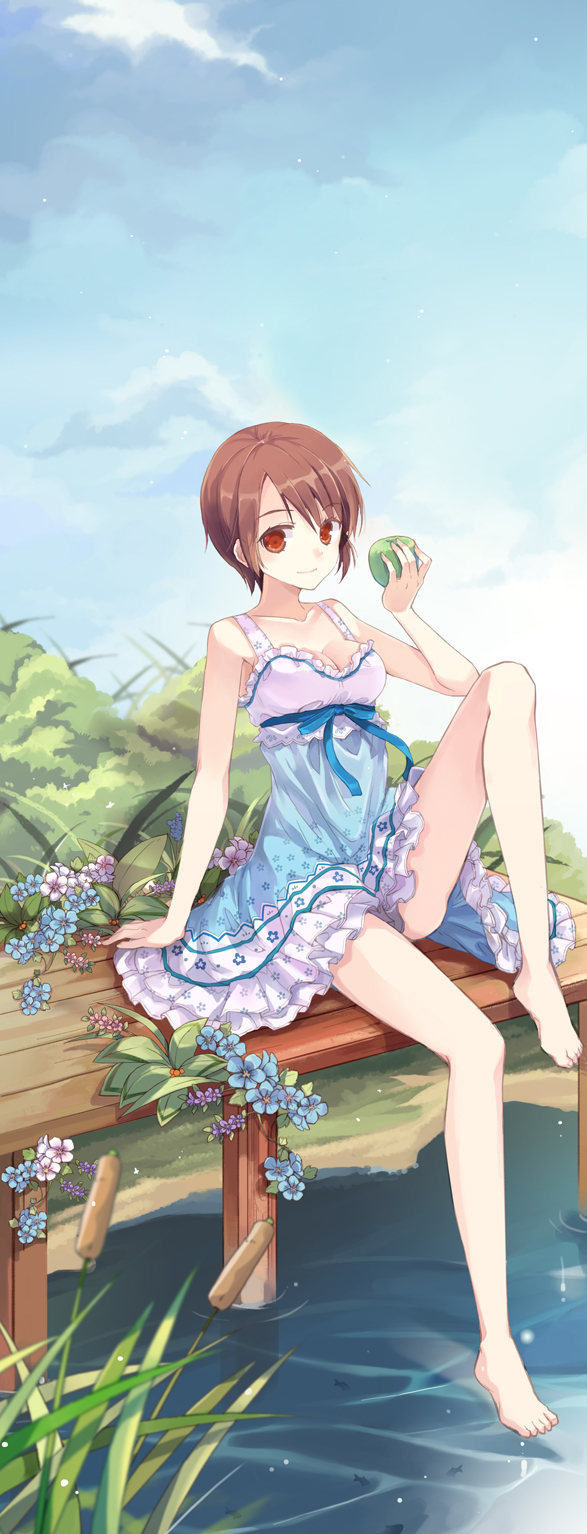 apple arm_at_side bad_id bad_pixiv_id bangs bare_legs barefoot blue_dress breasts brown_eyes brown_hair bush cattail cleavage collarbone day dock dress feet flower flower_request food foot_dangle frills fruit gathers green_apple highres holding holding_food holding_fruit jin_young-in knee_up legs looking_at_viewer no_bra original outdoors plant reeds ribbon short_hair sitting sky sleeveless sleeveless_dress small_breasts smile solo sundress very_short_hair water