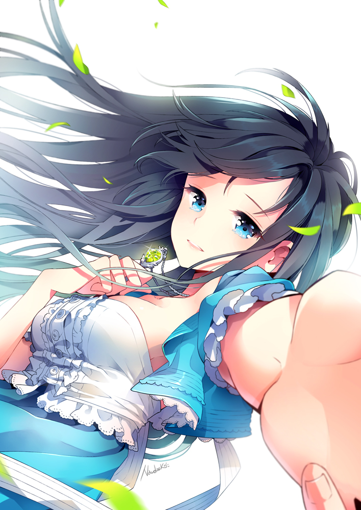 artist_name bad_id bad_pixiv_id bangs black_hair blue_eyes breasts buttons center_frills diffraction_spikes dress dutch_angle falling_leaves fingernails foreshortening frilled_sleeves frills hand_on_own_chest hands holding jewelry lace_trim leaf long_hair medium_breasts nardack necklace original outstretched_arm parted_lips pendant reaching_out short_sleeves sideboob signature simple_background solo sparkle strapless strapless_dress tears upper_body white_background wind