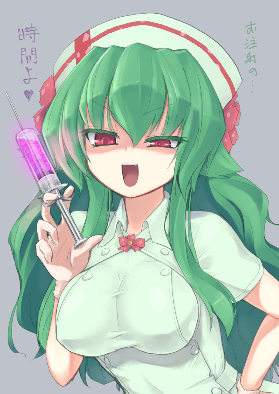 bad_id bad_pixiv_id breasts gen_1_pokemon gloves green_hair hat highres homura_subaru impossible_clothes impossible_shirt large_breasts long_hair naughty_face nurse nurse_cap personification pokemon red_eyes shaded_face shirt solo syringe venusaur