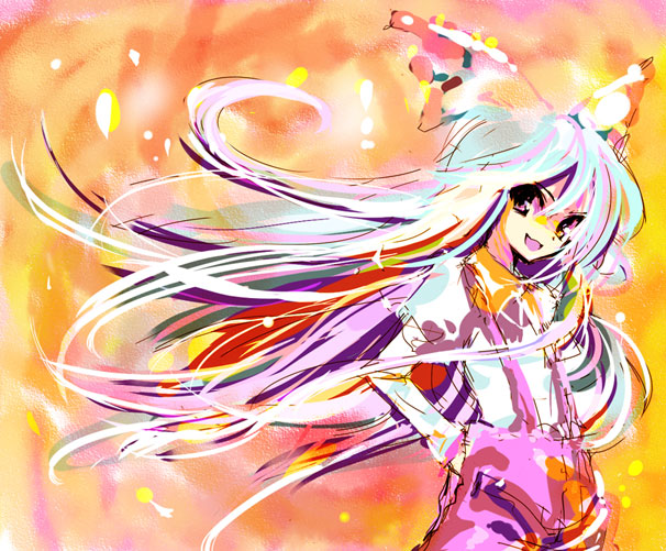 :d artist_request blush bow colorful cowboy_shot floating_hair fujiwara_no_mokou hair_bow hands_in_pockets long_hair looking_at_viewer open_mouth pants silver_hair smile solo suspenders touhou very_long_hair white_bow