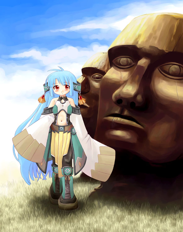artist_request blue_hair blush copyright_request long_hair long_sleeves red_eyes solo statue