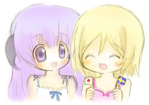 blonde_hair flag hanyuu higurashi_no_naku_koro_ni horns japan japanese_flag lowres mako_(shiarie) multiple_girls purple_eyes purple_hair tanashi_miyoko younger