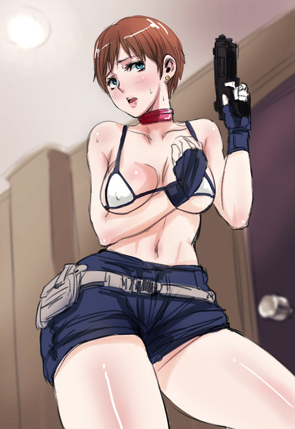 alternate_costume bikini_top blue_eyes breast_hold breasts brown_hair choker earrings fingerless_gloves gloves gun handgun jewelry large_breasts navel pistol rebecca_chambers resident_evil resident_evil_0 sgk short_hair shorts solo underboob weapon wide_hips