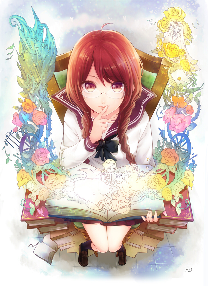 bad_id bad_pixiv_id book book_focus book_stack braid chair finger_to_mouth flower from_above full_body glasses hair_over_shoulder holding holding_book long_hair mei_(325ks46) open_book original pop-up_book red_eyes red_hair rose school_uniform sitting skirt solo too_many too_many_books twin_braids