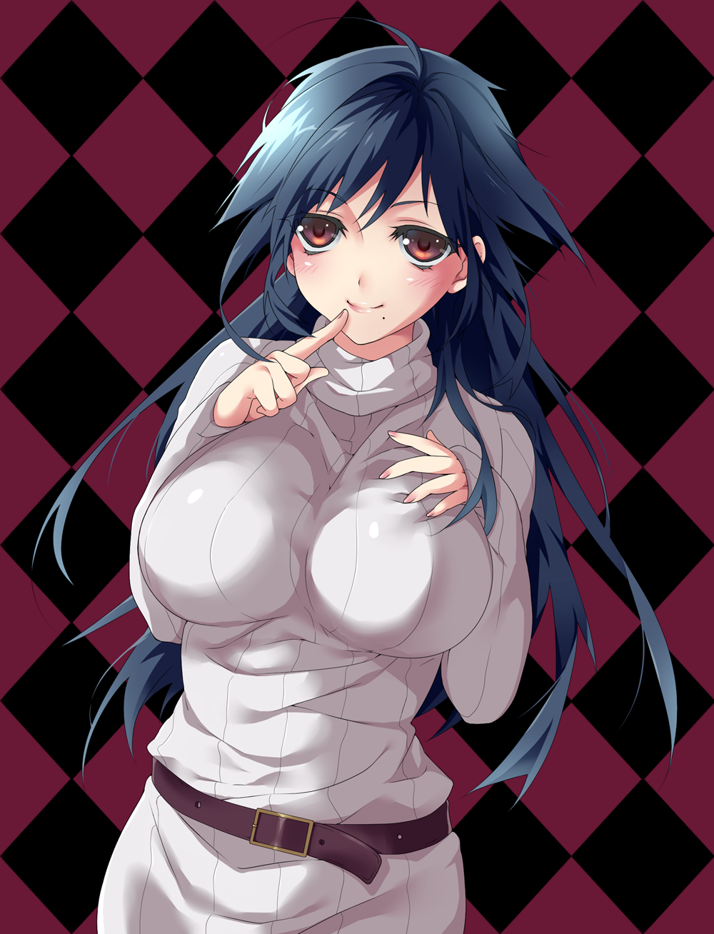 ahoge argyle argyle_background bad_id bad_pixiv_id belt black_hair blush breasts finger_to_mouth highres large_breasts long_hair mole mole_under_mouth myg original red_eyes ribbed_sweater smile solo sweater