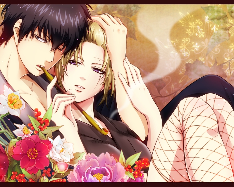 1girl black_eyes black_hair blonde_hair fishnet_legwear fishnets flower folded_ponytail gintama hetero hijikata_toushirou japanese_clothes kimono kiseru pipe scar shiroyasha thighhighs tsukuyo_(gintama)