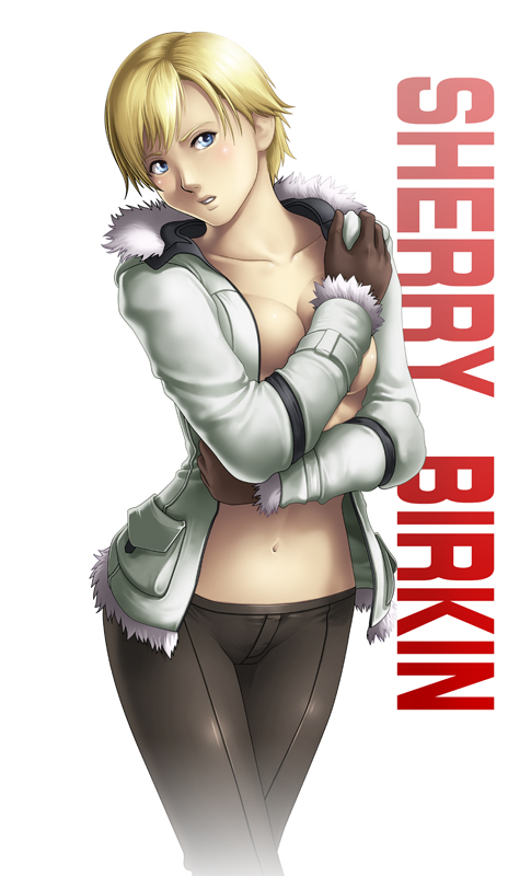 bangs blonde_hair blue_eyes blush breasts character_name coat collarbone covering covering_breasts fur_collar fur_trim medium_breasts navel no_bra open_clothes open_coat pants resident_evil resident_evil_6 sherry_birkin short_hair solo thor_(deep_rising) winter_clothes