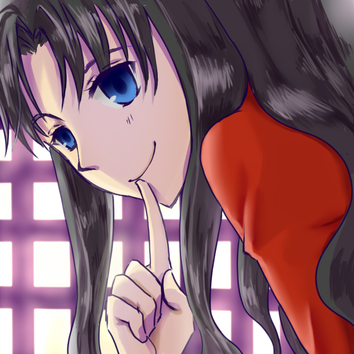 blue_eyes brown_hair fate/stay_night fate_(series) finger_to_mouth leaning_forward long_hair m_(ataraxia_xxx) portrait smile solo sweater toosaka_rin two_side_up