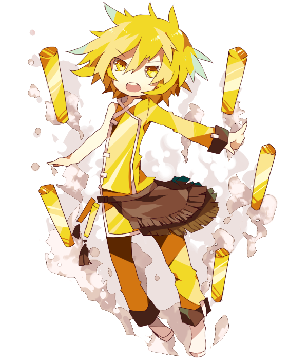 :d bad_id bad_pixiv_id blaze_(minecraft) blonde_hair brown_skirt flat_chest long_sleeves looking_at_viewer male_focus minecraft open_mouth outstretched_arm personification rooseputo_02 round_teeth simple_background skirt sleeve_cuffs smile smoke solo teeth white_background yellow_eyes