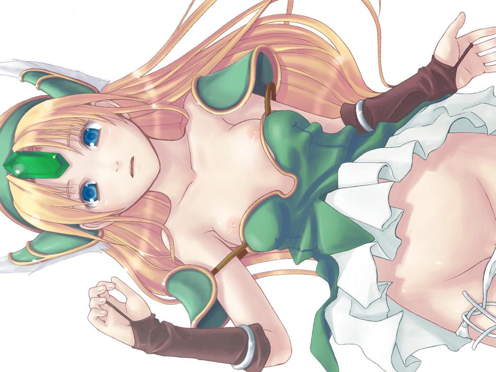 bare_shoulders blonde_hair blue_eyes breasts bustier groin gusha_(gusha_gusya) hands long_hair lying medium_breasts nipples off_shoulder on_back out-of-frame_censoring panties panty_pull parted_lips riesz seiken_densetsu seiken_densetsu_3 shirt_pull shoulder_pads sideways simple_background solo underwear wallpaper white_background