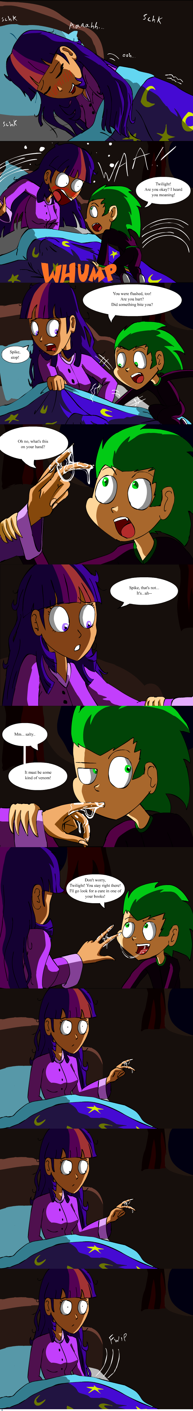 blush comic dialog dialogue duo english_text female friendship_is_magic green_eyes hair human humanized male mammal masturbation multi-colored_hair my_little_pony pillow pussy_juice spike_(mlp) text twilight_sparkle_(mlp) xevnest