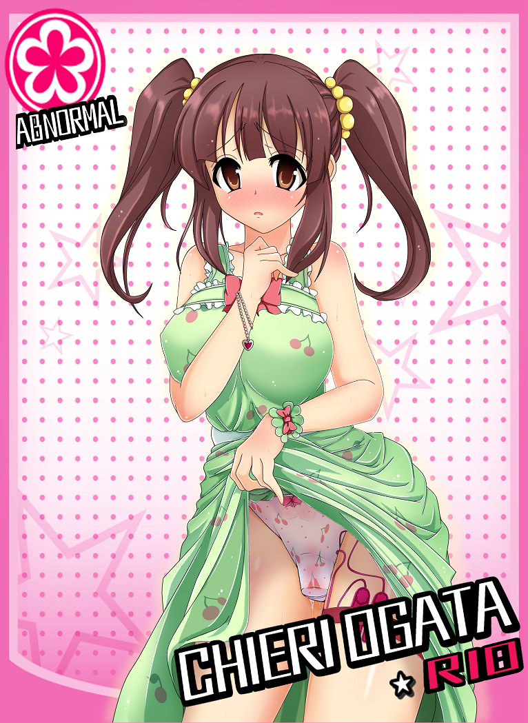 1girl blush brown_eyes brown_hair discreet_vibrator dress idolmaster looking_at_viewer ogata_chieri panties pussy_juice skirt skirt_lift solo twintails underwear upskirt vibrator vibrator_under_panties yuzumiya_mono