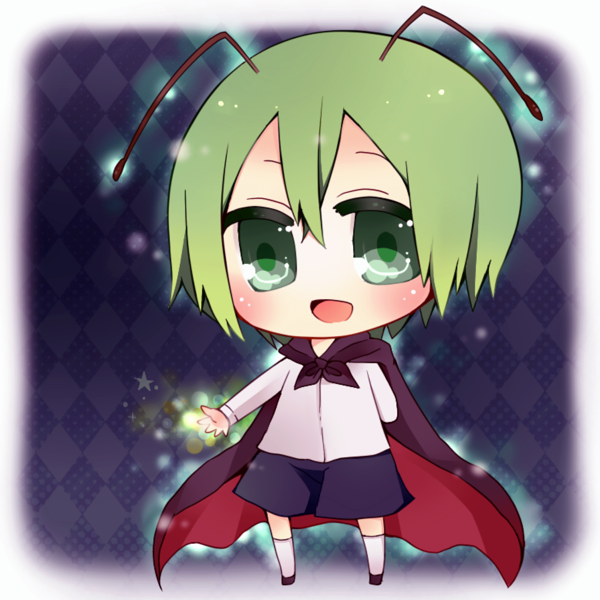 antennae bad_id bad_pixiv_id blush cape green_eyes green_hair looking_at_viewer noramimi open_mouth short_hair smile solo touhou wriggle_nightbug
