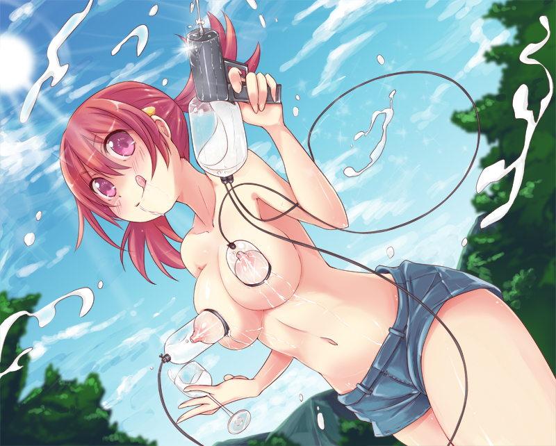 :q akane_(pokemon) blush breasts cloud day glass holding lactation large_breasts milk milking_machine navel nipples pink_eyes pokemon red_hair short_shorts shorts sky snowcanvas solo tongue tongue_out topless twintails water_gun