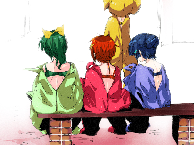 aoki_reika blue_hair bra from_behind green_hair hino_akane_(smile_precure!) kise_yayoi midorikawa_nao multiple_girls precure red_hair sitting smile_precure! tima underwear