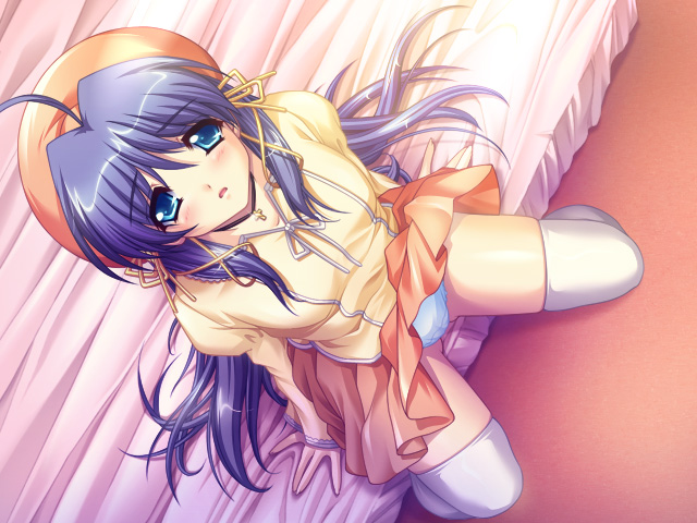 1girl bed blue_eyes blue_hair blush cg cosplay_alien game_cg long_hair panties shiori_hoshi underwear