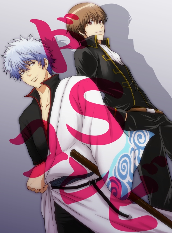 bad_id bad_pixiv_id blue_hair brown_eyes gintama japanese_clothes multiple_boys okita_sougo red_eyes sakata_gintoki shiroyasha silver_hair uniform