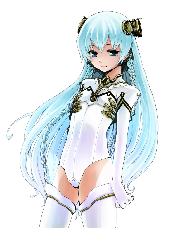 ar_tonelico ar_tonelico_i bad_id bad_pixiv_id bangs blue_eyes braid cowboy_shot elbow_gloves flat_chest gloves hair_ornament headgear hituzirobo leotard light_smile long_hair looking_at_viewer shurelia simple_background smile solo thighhighs twin_braids very_long_hair white_background white_gloves white_hair white_legwear